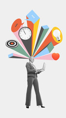 Surreal collage of smiling woman with laptop connected to digital icons of time, creativity, target, speech. Concept of soft-skills development, time management, hybrid project planning, team coaching
