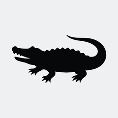 Silhouette alligator reptile walking predatory animal black shape vector illustration