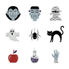 Cute Cartoon Halloween Icons Set. Spooky Characters, Symbols & Elements in Flat Design.