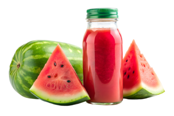A bottle of fresh red watermelon juice surrounded by slices and a whole watermelon, isolated on a transparent background