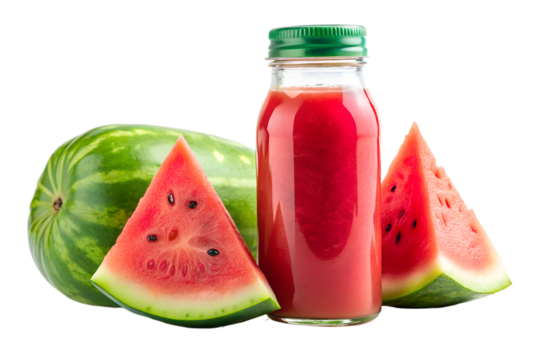 A bottle of fresh red watermelon juice surrounded by slices and a whole watermelon, isolated on a transparent background