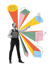 Contemporary artwork of confident man pointing at icons of tasks, charts, time and messages with clipboard in hand. Concept of digital project tracking, corporate training, planning tools.