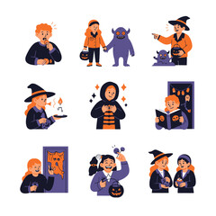 Cute Halloween Characters and Activities Vector Set for Kids and Spooky Season Celebrations