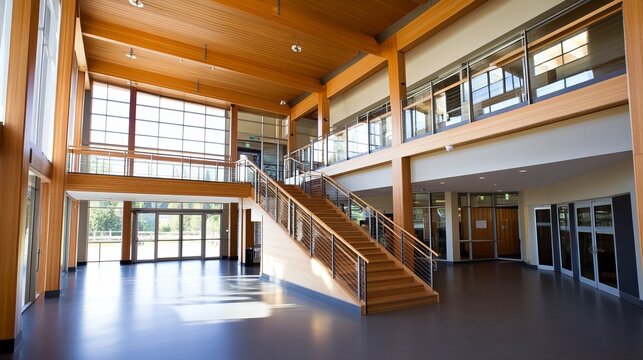 Expansive interior of a building featuring wooden beams, staircase, large windows, and natural light