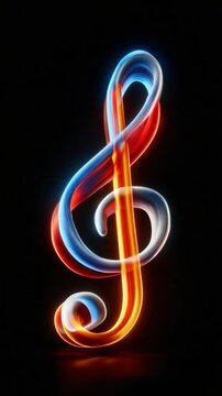 Glowing Musical Note: A vibrant treble clef shimmers with energy, its lines of red and blue intertwining with an aura of orange, against a deep black backdrop.
