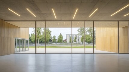 Obraz premium Modern interior with large windows overlooking a green, outdoor scene and linear lights in the ceiling. Wooden walls and clean lines