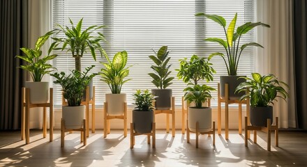 Indoor greenery display: A collection of potted plants on stands near a window