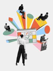 Digital composition of woman marking schedule surrounded by remote workers on laptops in colorful...