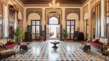 Fototapeta premium Ornate interior, arches, intricate carvings, and sunlight illuminating a grand hall with vintage furniture