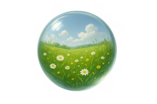 Crystal orb reflecting verdant meadow, daisies swaying, blue sky with billowing clouds, transparent backdrop