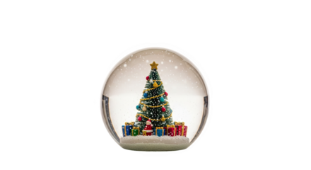 Ai generated image of a festive christmas snow globe with a decorated tree and gifts isolated on transparent background
