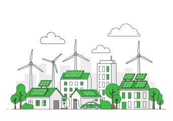 Vector illustration of a sustainable city skyline features green buildings with solar panels and wind turbines