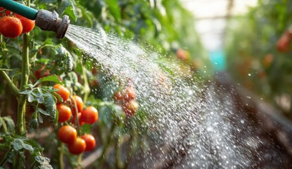 Water spray on ripe tomatoes in a greenhouse