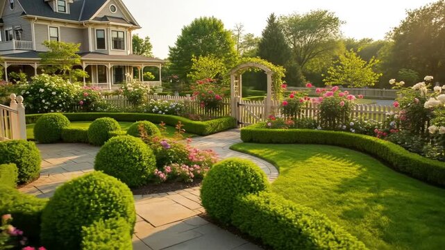 Elegant home garden tour with red roses blooming and immaculate landscaping on bright sunny day