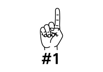 Vector illustration of a hand with the index finger pointing up, displaying the number one, signifies being the best