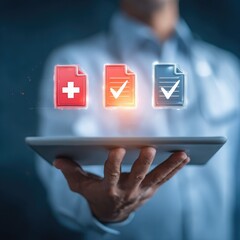 A person holds a tablet displaying three glowing icons representing medical records, checkmarks signifying verification and approval