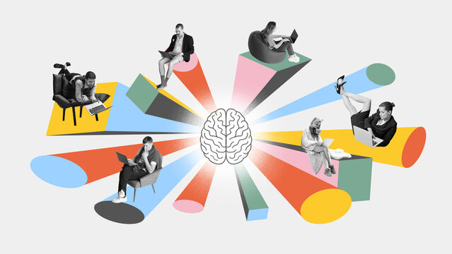 Digital collage of relaxed remote workers connected to central brain icon with colorful energy beams. Concept of creative thinking, distributed brainstorming, digital teamwork, emotional workflow.