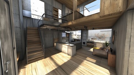 Modern loft interior with wood and concrete accents. Open floor plan, natural light