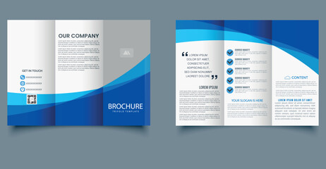 Tri fold wave brochure layout. Blue and white flyer. For design and print. Leaflet for corporate and private business.