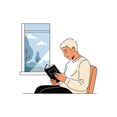 Person Reading Book by Window, Cozy Home Leisure, Flat Design Illustration