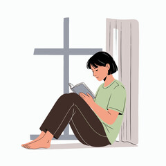 Peaceful young person reading a book by the window, enjoying a quiet moment of indoor leisure and contemplation