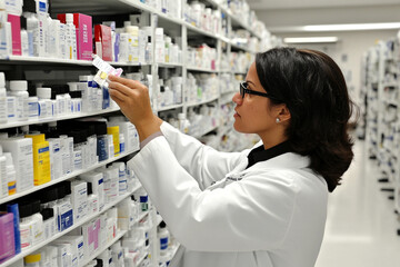 Pharmacist arranges meds on shelves during busy times