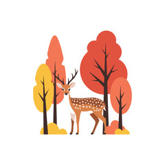 Spotted Deer in Autumn Forest. Wild animal illustration in fall woodland with colorful trees. Nature and wildlife concept.