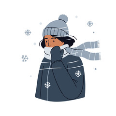 Person in warm winter clothing feeling cold in snowy weather illustration