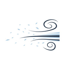 Stylized Blue Wind Gust Icon with Swirls and Flying Particles