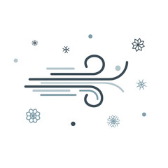 Minimalist Winter Wind and Snowflakes Vector Icon. Cold Weather Symbol with Blowing Air and Falling Snow Design Element.