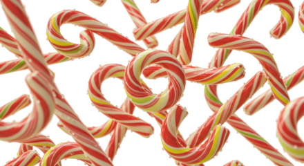 Floating Candy Canes In Red White And Yellow Stripes Against Transparent Background