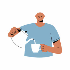 Person pouring hot beverage from teapot into mug, simple flat vector illustration of daily routine