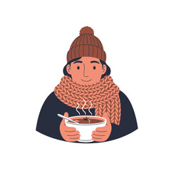 Cozy Person in Winter Clothes Holding Steaming Hot Drink Bowl with Star Anise Flat Vector Illustration