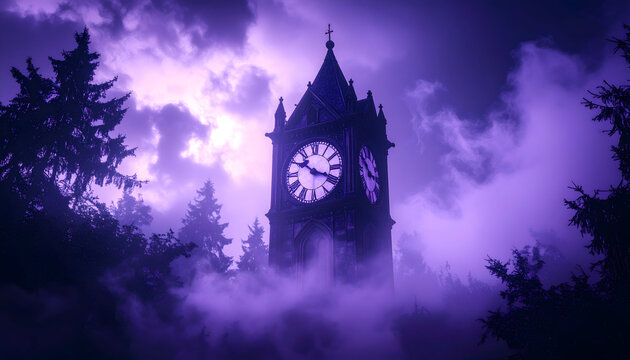 Misty clock tower under dramatic purple sky