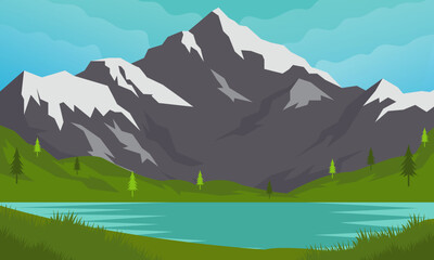 Mountains and lake in flat style. Vector illustration. Mountain landscape.