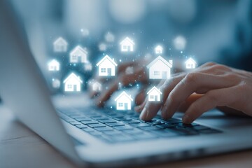 Hands typing on laptop, digital home icons hover above