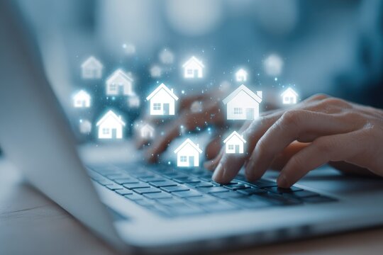 Hands typing on laptop, digital home icons hover above - Powered by Adobe