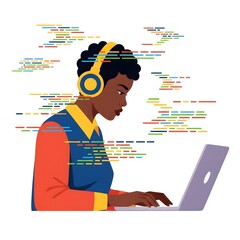 black woman coding on laptop on white background 
