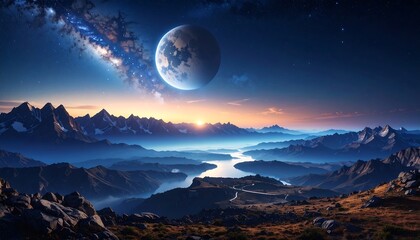 Serene alien landscape; mountains, river, crescent moon, and galaxy