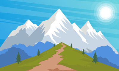 Mountain landscape with blue sky and sun. Vector cartoon illustration.