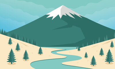 Mountains and river in the flat style. Nature landscape. Vector illustration.