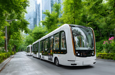 Autonomous electric shuttle bus drives on green urban road lined with trees. Smart vehicle concept future mobility, public transit innovation with advanced sensors, automated technology for city