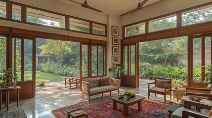 Light-filled living room with large windows overlooking a lush garden. Vintage furniture & Persian rug