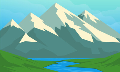 Mountain landscape with river and high peaks. Vector illustration in flat style