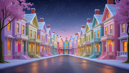Charming pastel Victorian townhouses framed by blossom trees and snowfall, ideal for greeting cards, decorative prints, and magical urban scenes.