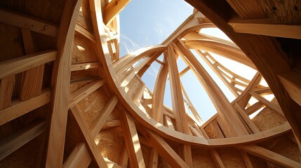 Upward perspective of unfinished wooden structure, capturing the blue sky through its opening