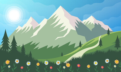 Mountain landscape with grass and flowers. Vector illustration of a mountain landscape.