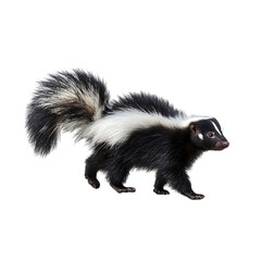 Naklejka premium A skunk walks across a transparent background with its bushy tail held high on transparent background