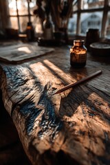Wooden Tabletop with Pencil and Soft Light. High quality