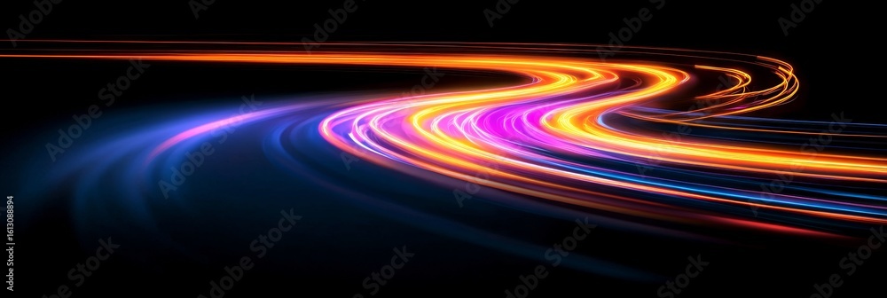 Poster energetic trails of multi-colored light moving through space and time creating a vibrant effect